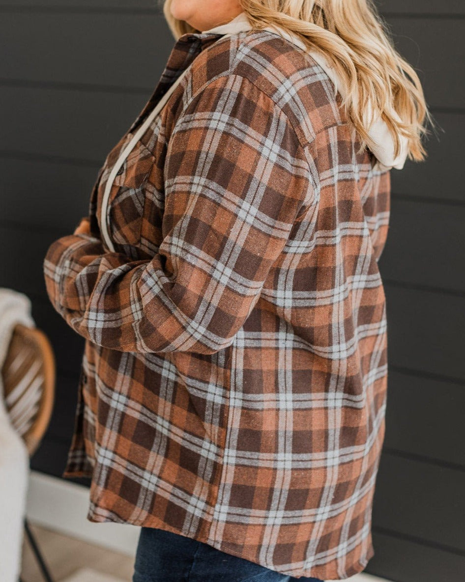 Plaid Contrast Hooded Plus Size Jacket - Eolante Clothing