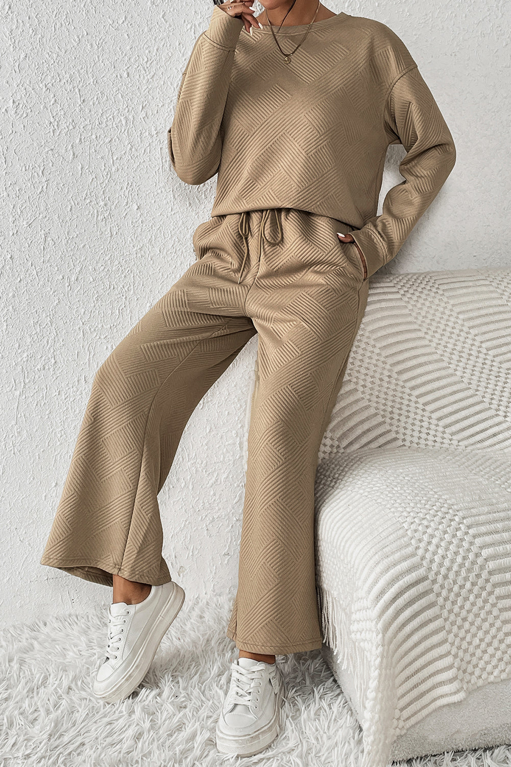 Loose Textured Top and Pants Loungewear Set - Eolante Clothing