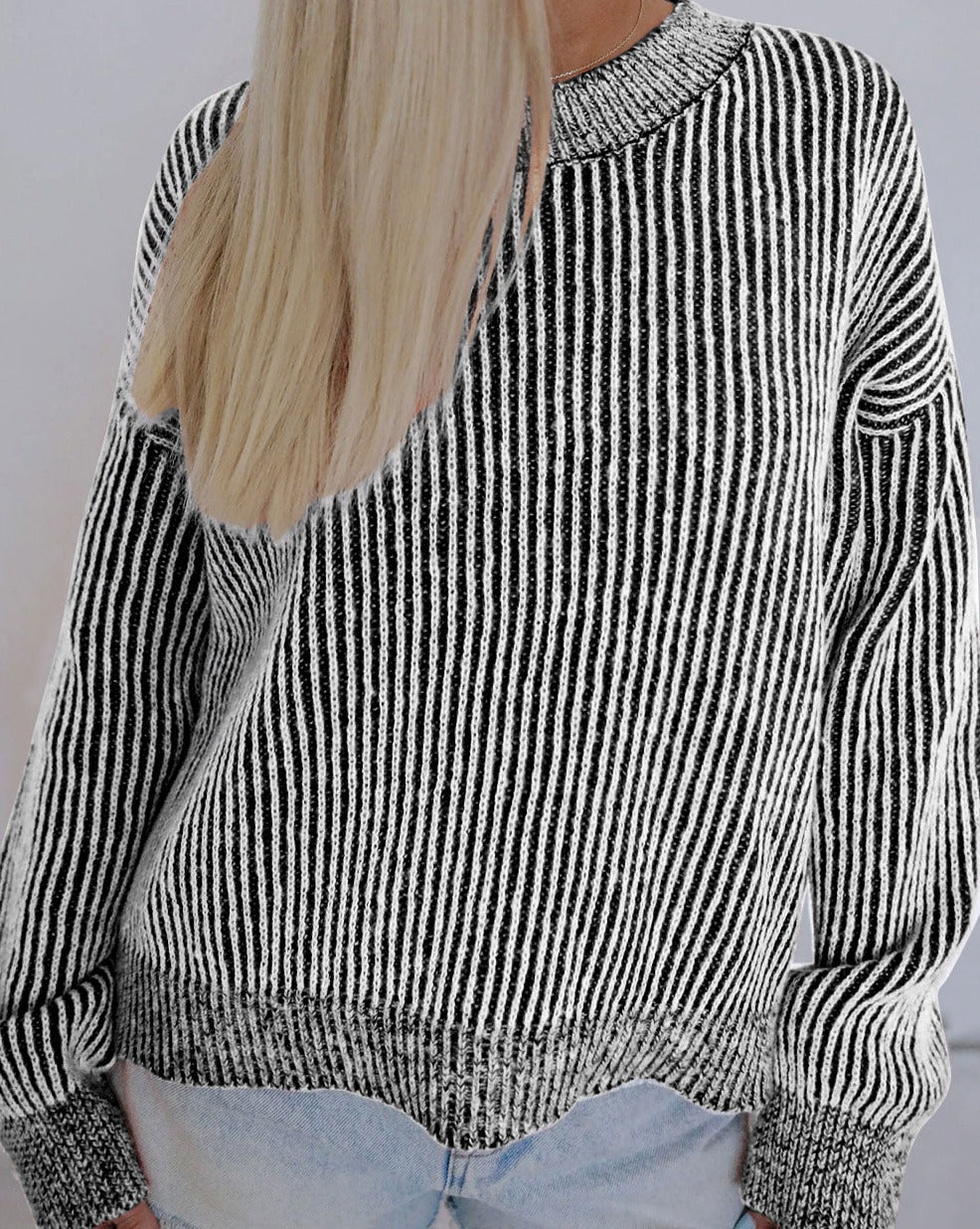 Ribbed Trim Sweater in Stripes - Eolante Clothing