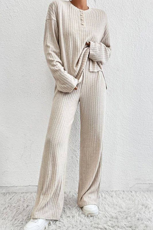 Ribbed Top Wide Leg Pants Set - Eolante Clothing