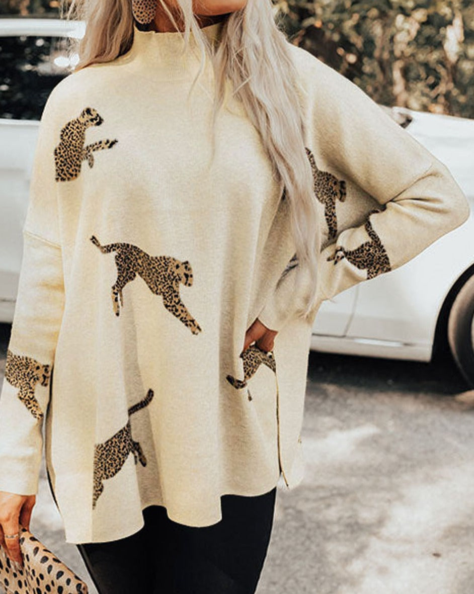 High Neck Cheetah Sweater - Eolante Clothing