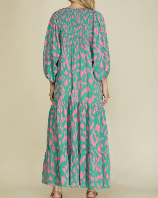 Abstract Puff Sleeve Long Dress