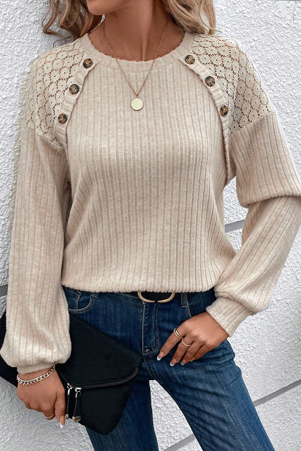 Contrast Lace Raglan Sleeve Top - Eolante Clothing