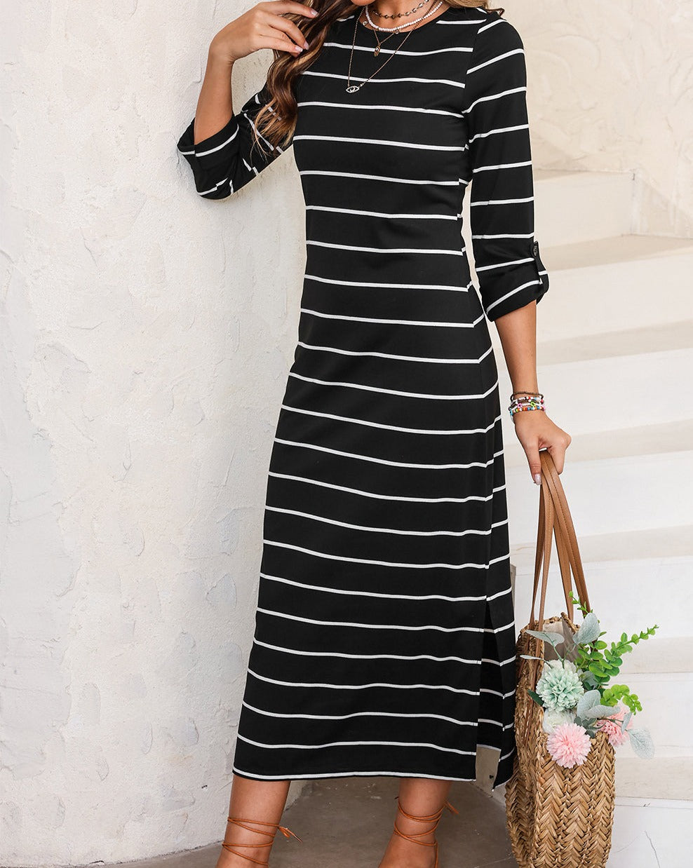 Stripe Slit Long Dress - Eolante Clothing