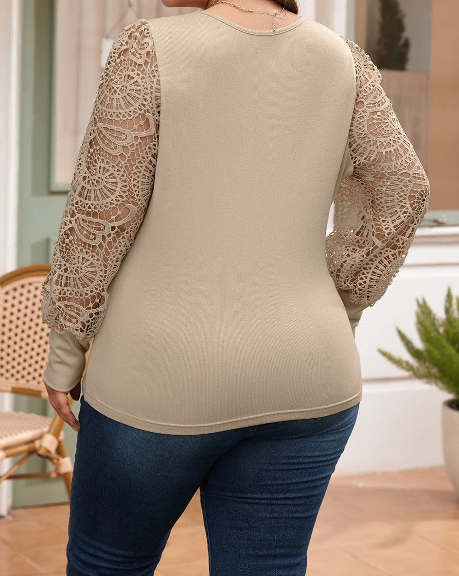 Hollowed Knit Lace Sleeve Plus Size Top - Eolante Clothing