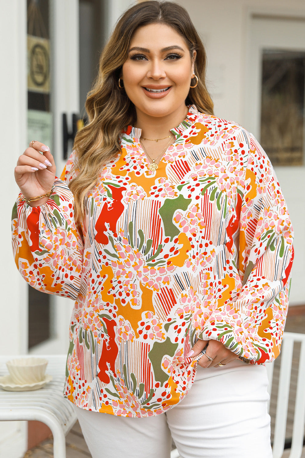 Floral Frilled V-Neck Plus Size Blouse - Eolante Clothing