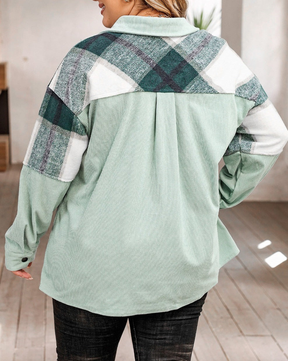 Corduroy Plaid Patchwork Plus Size Shacket - Eolante Clothing