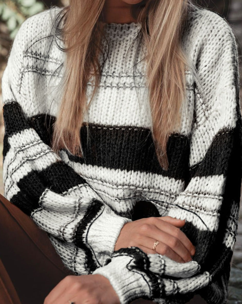 Puff Striped Sleeve in Knit Sweater - Eolante Clothing