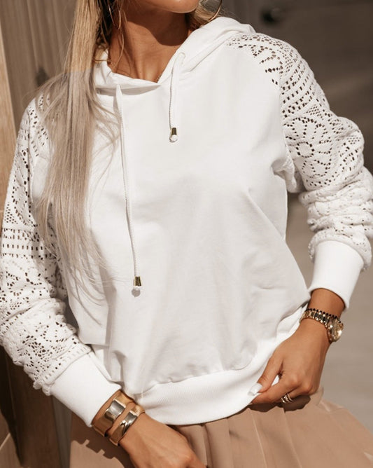 Lace Patchwork Sleeve Drawstring Hoodie - Eolante Clothing