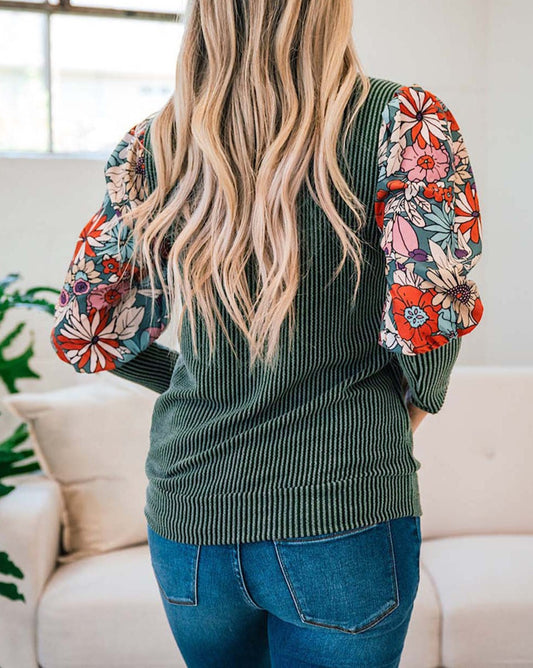 Contrast Floral Sleeve Top - Eolante Clothing