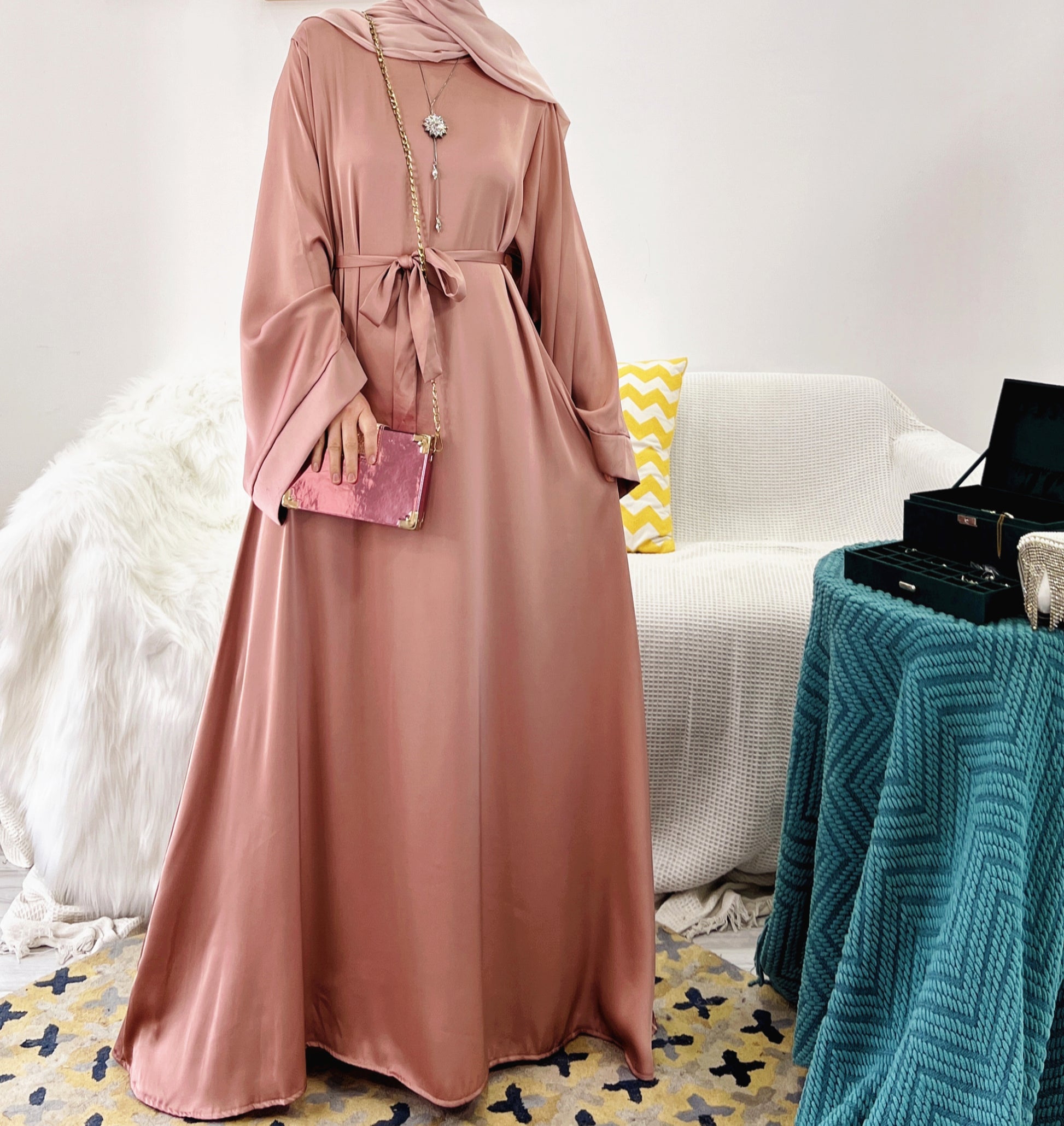 Satin Maxi Dress Abaya in Pink | Eolante Clothing 