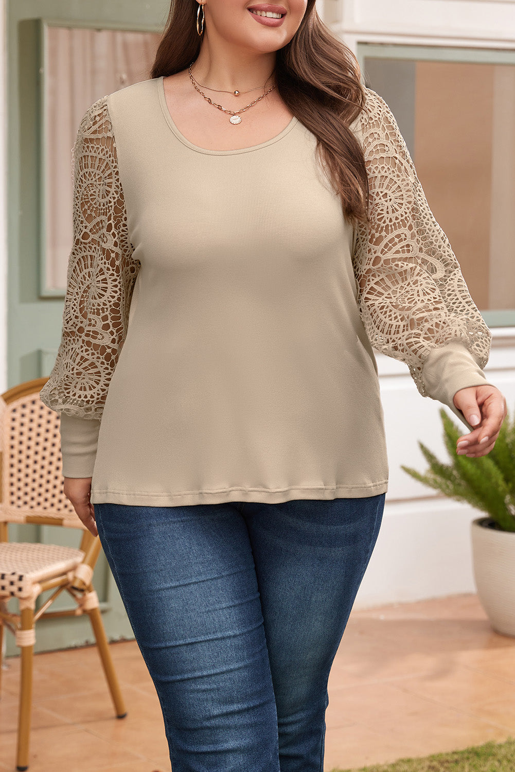 Hollowed Knit Lace Sleeve Plus Size Top - Eolante Clothing