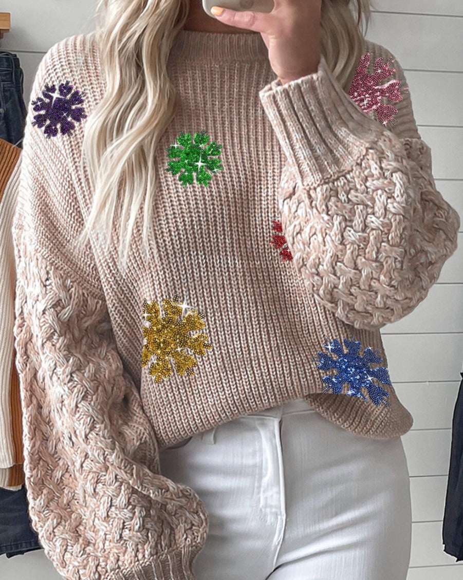 Snowflake Sequin Drop Shoulder Sweater - Eolante Clothing