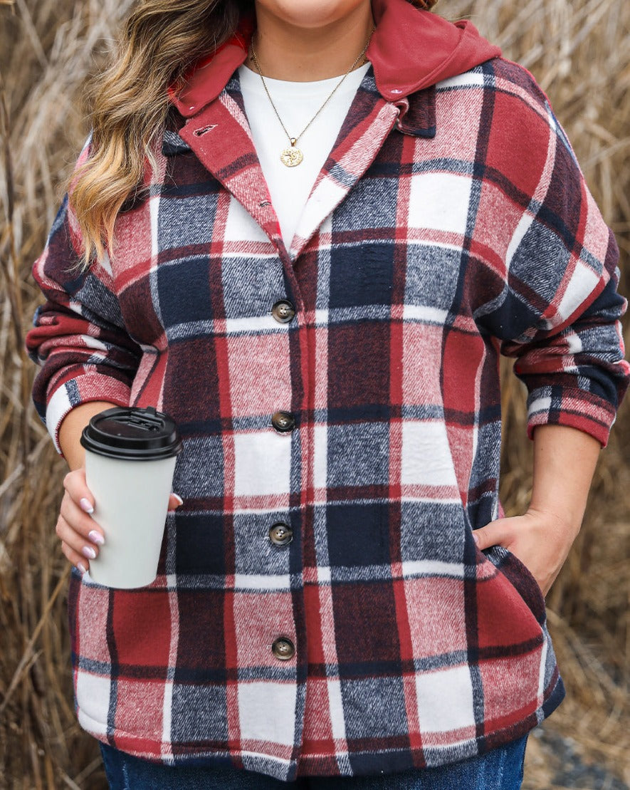 Plaid Button-up Hooded Plus Size Jacket - Eolante Clothing