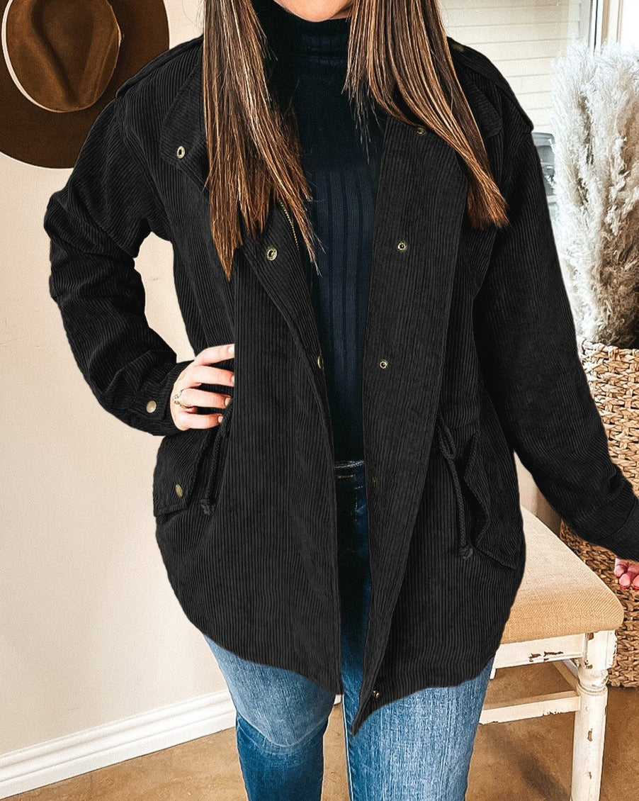 Corduroy Button Zipped Plus Size Jacket - Eolante Clothing